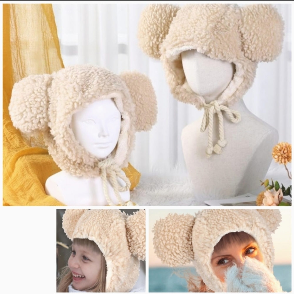 🍎 Nwt Plush Bear Hat Faux Fur Animal Critter Cute Ear Flaps Beanie Teddy